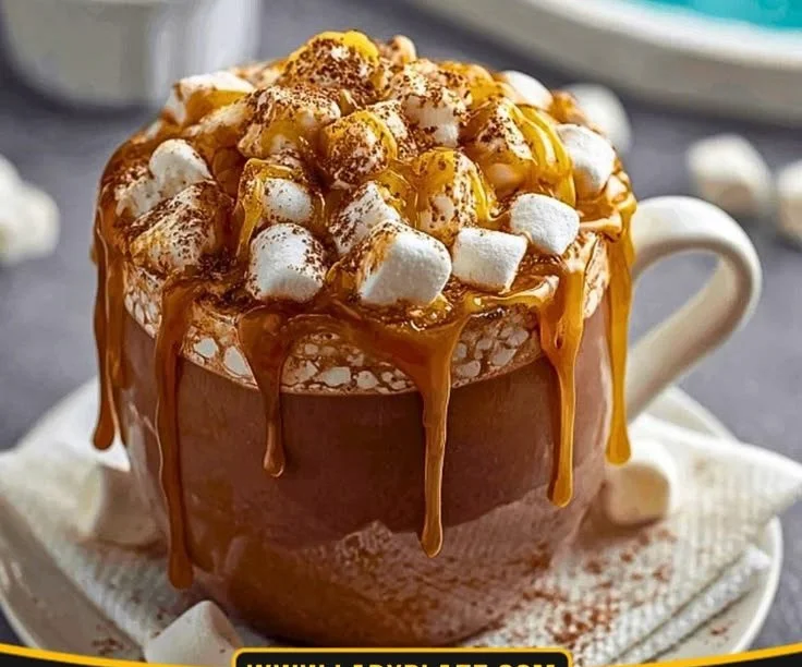 Hot cocoa topped with caramel marshmallows in a cozy mug