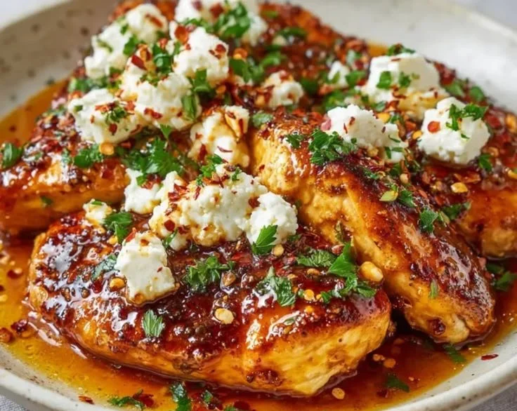Sizzling Hot Honey Feta Chicken topped with herbs and honey glaze