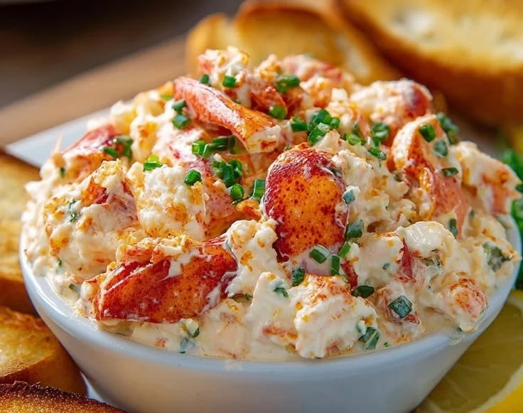 Delicious hot lobster roll dip served in a bowl with garnishes