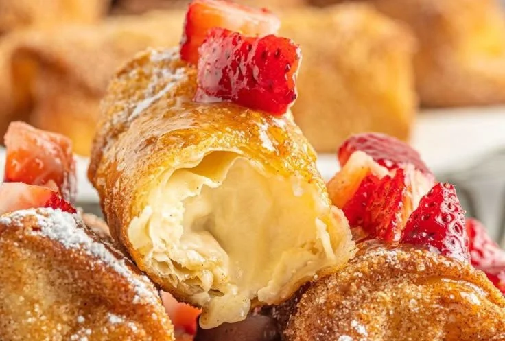 Cheesecake egg rolls served with a drizzle of chocolate sauce