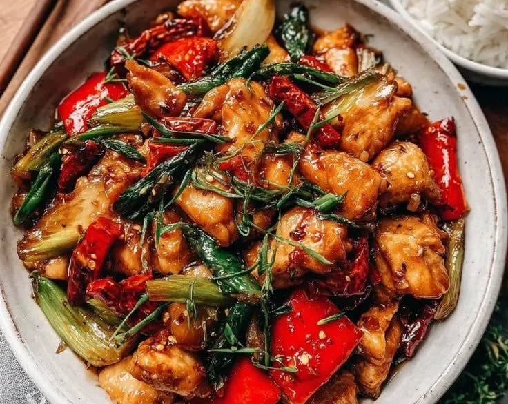 A delicious plate of Hunan Chicken garnished with vegetables and spices