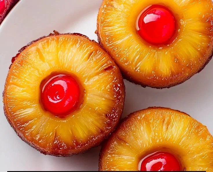 Delicious individual mini pineapple upside down cakes on a platter