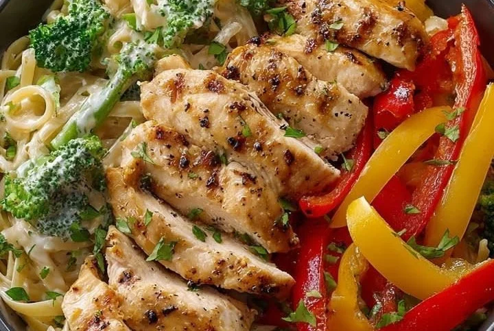Vibrant chicken stir-fry with colorful rainbow vegetables in a skillet.