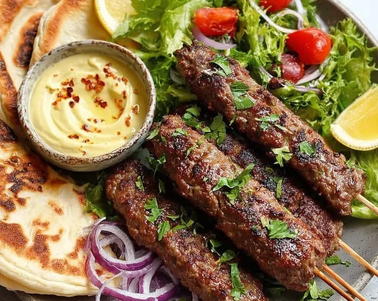 Delicious Kafta Kebabs served on a plate with herbs and spices