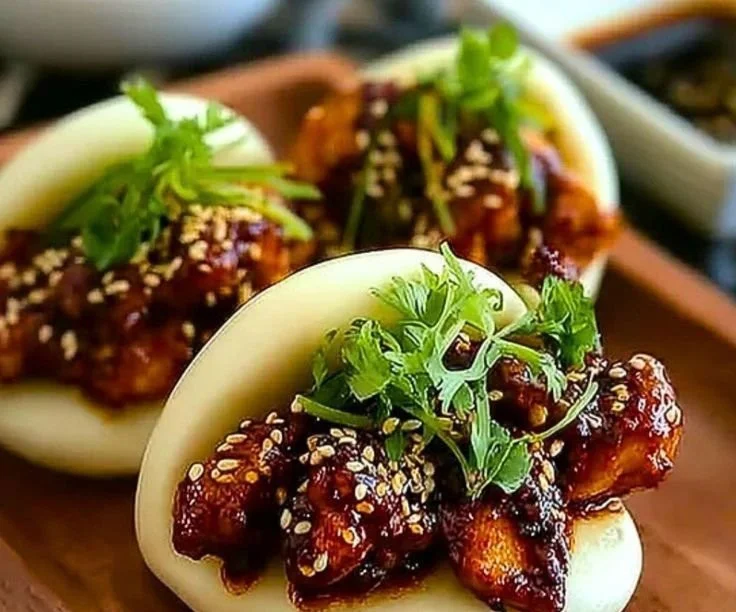 Korean Chicken Bao Buns served on a plate with fresh ingredients.