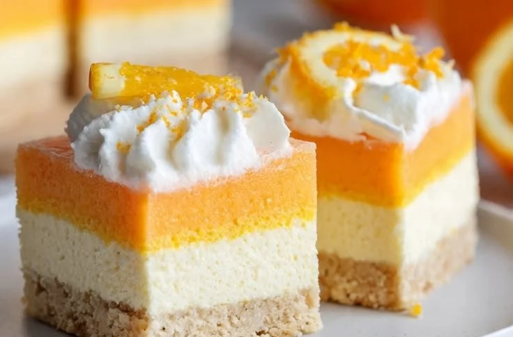 Delicious layered orange creamsicle dessert bars on a white plate