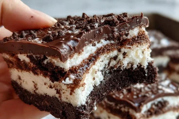 Delicious Layered Oreo Dessert Bars topped with chocolate and cream layers.