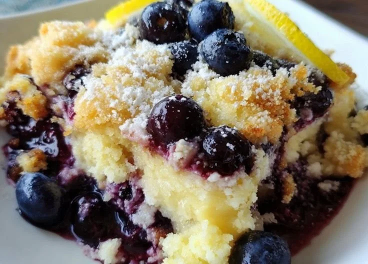 Lemon Blueberry Cheesecake Dump Cake served with fresh blueberries and lemon slices.