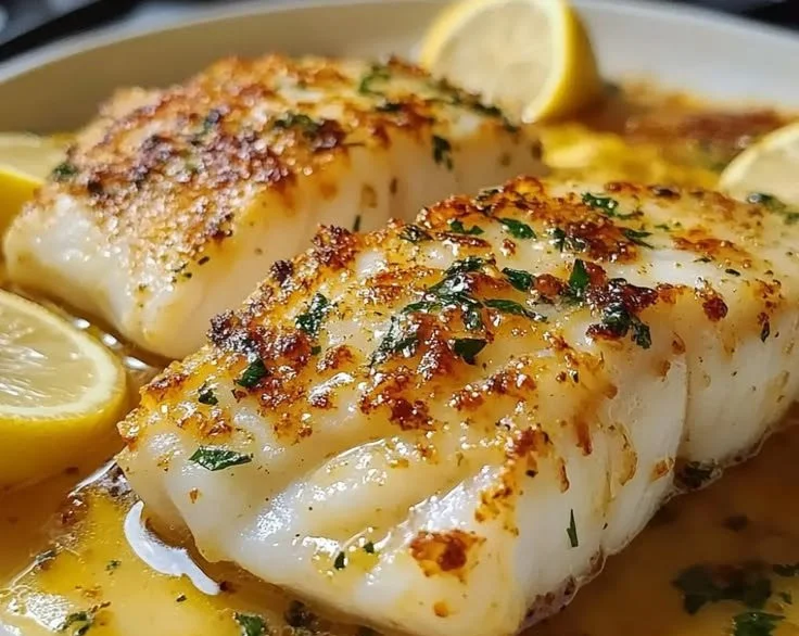Lemon Butter Baked Cod served with fresh herbs and lemon wedges.