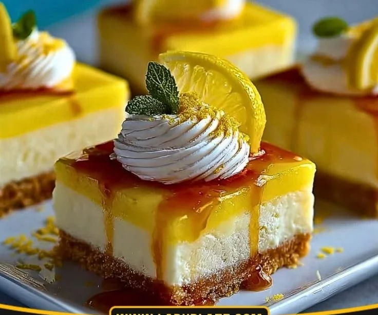 Lemon Cheesecake Bars on a plate with lemon slices and mint garnish