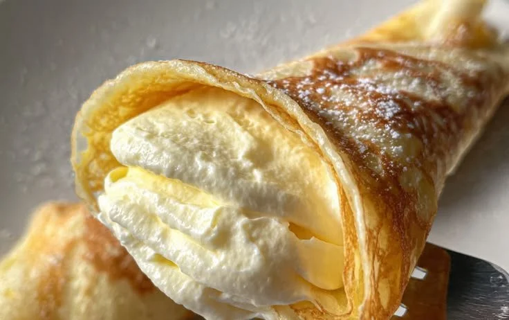 Delicious lemon cream stuffed crepes on a plate with fresh lemon slices