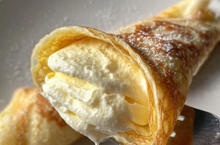 Delicious lemon cream stuffed crepes served on a plate with fresh lemon slices
