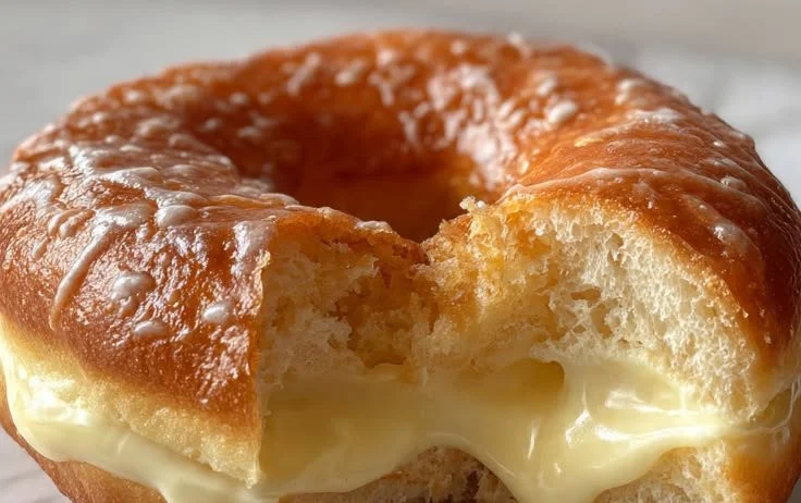 Fresh lemon custard-filled donuts on a plate, dusted with powdered sugar.