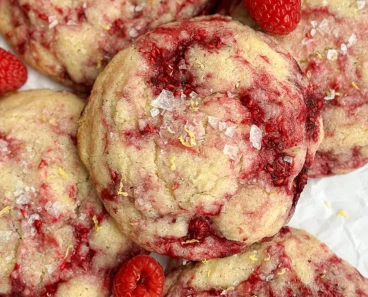 Freshly baked lemon raspberry cookies with a sprinkle of powdered sugar on top.