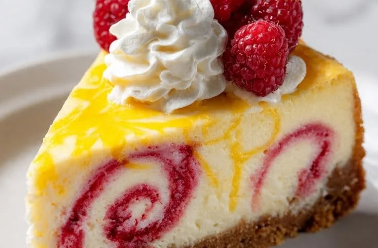 Delicious Lemon Raspberry Swirl Cheesecake with vibrant raspberry sauce