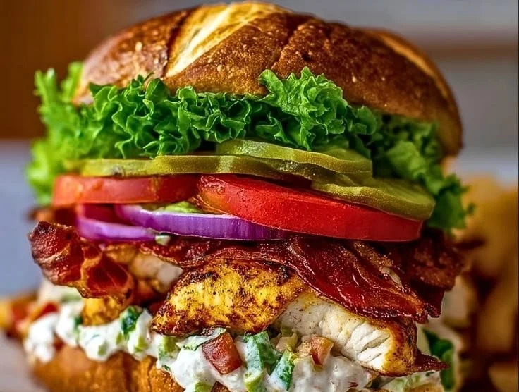 Loaded Chicken Club Sandwich with layers of chicken, bacon, and fresh veggies