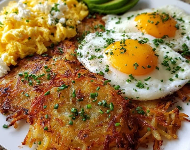 A plate of loaded hash browns topped with creamy scrambled eggs, crispy and delicious.