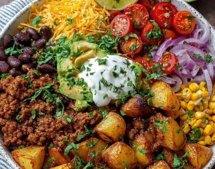 Loaded potato taco bowl with toppings and fresh ingredients