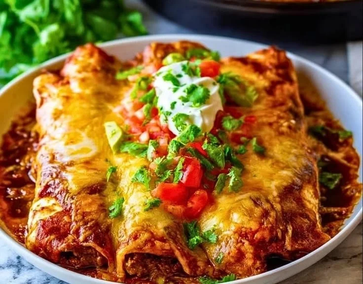Delicious loaded smothered beef burritos topped with salsa and cheese