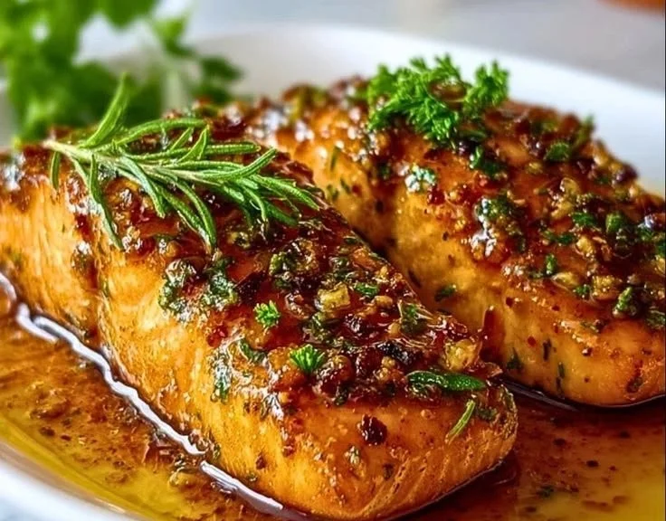 Maple-Glazed Salmon served on a plate with fresh vegetables