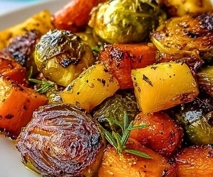 Maple roasted Thanksgiving vegetables in a festive serving dish