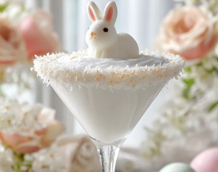 Delicious Marshmallow Bunny Martini cocktail topped with marshmallows.