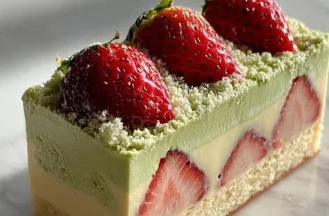 Delicious Matcha Strawberry Cream Bars on a plate with fresh strawberries