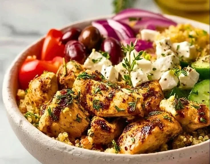 Mediterranean Chicken Quinoa Bowl with fresh vegetables and herbs