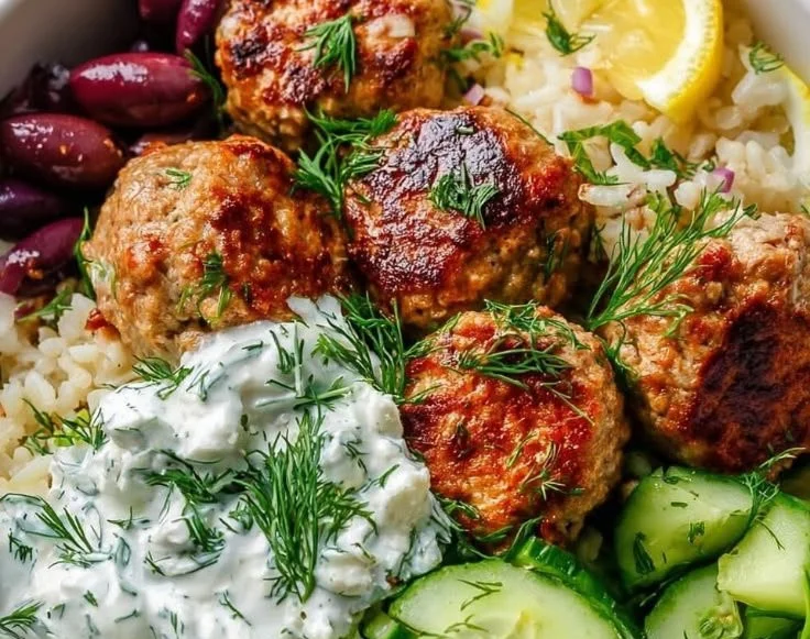 Mediterranean turkey meatballs bowl with fresh herbs and vegetables