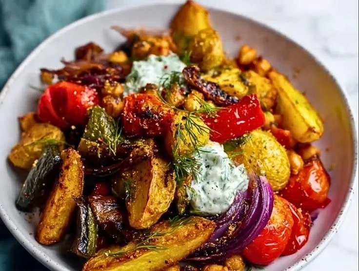 Mediterranean Vegan Roasted Vegetables Bowl with colorful veggies and grains