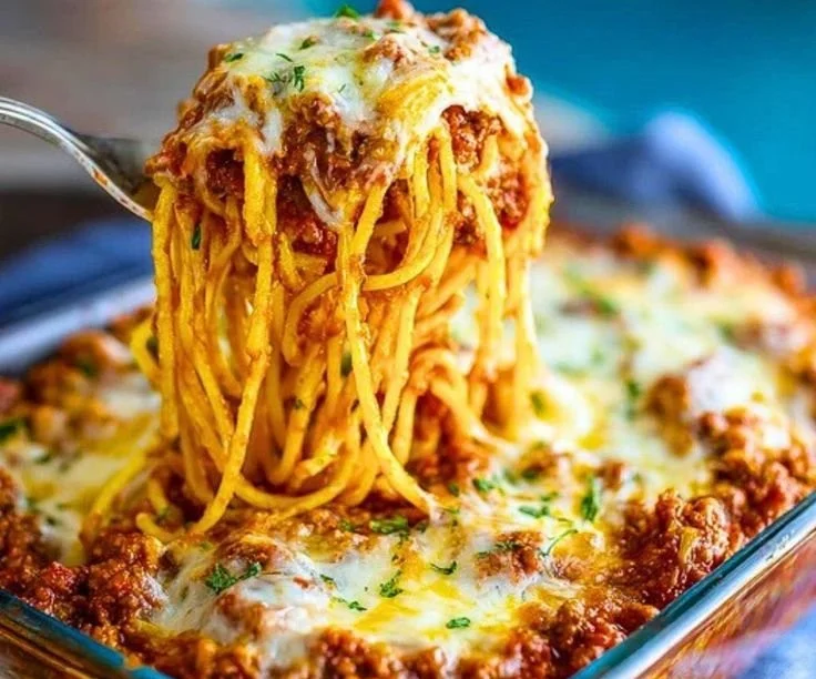 Delicious Million Dollar Spaghetti Casserole served in a baking dish
