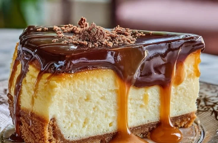 Slice of Millionaire's Cheesecake topped with chocolate and caramel drizzle