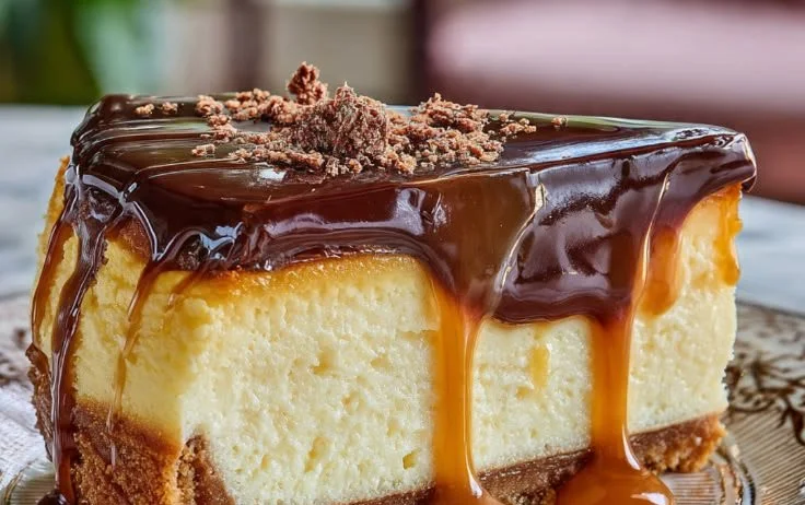 Delicious Millionaire's Cheesecake topped with chocolate and caramel.
