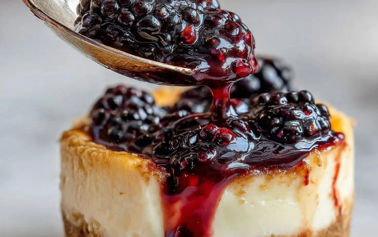 Delicious mini blackberry cheesecakes with fresh blackberries on top