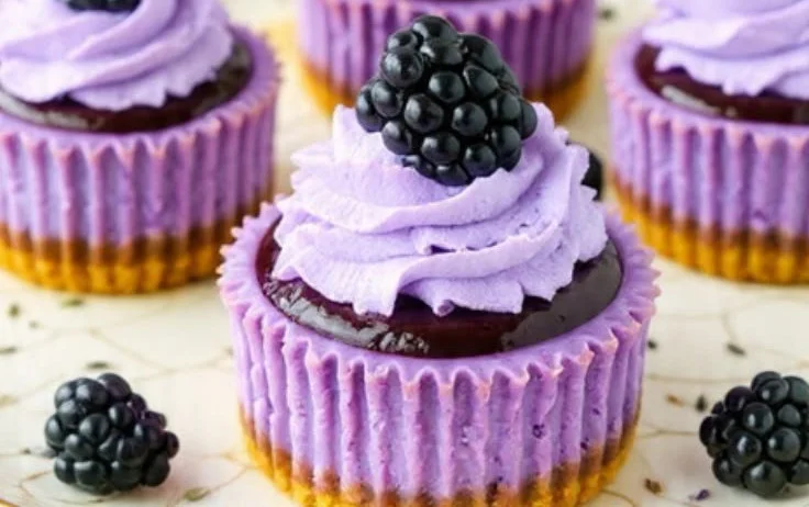 Mini Blackberry Lavender Cheesecake Bites on a platter