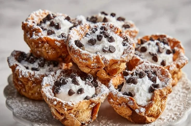 Mini cannoli cups filled with ricotta cream and chocolate chips on a plate.