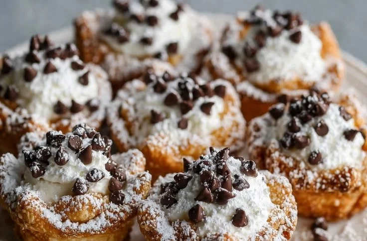Delicious mini cannoli cups filled with sweet ricotta cream and chocolate chips