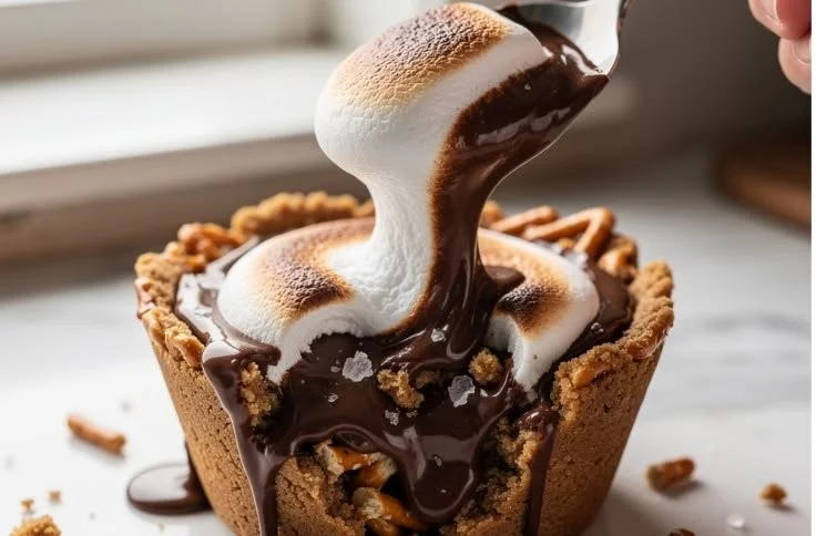 Mini chocolate pretzel pie cups topped with whipped cream and sprinkles