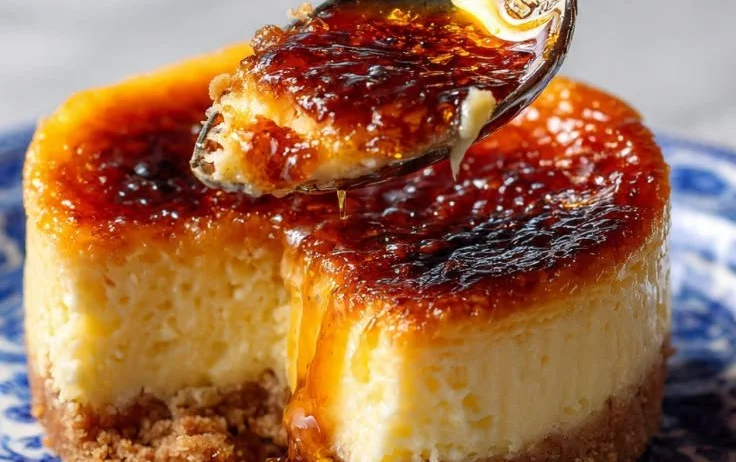 Mini crème brûlée cheesecakes topped with caramelized sugar.