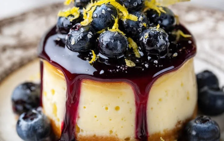 Mini Lemon Blueberry Cheesecake Bites topped with fresh blueberries