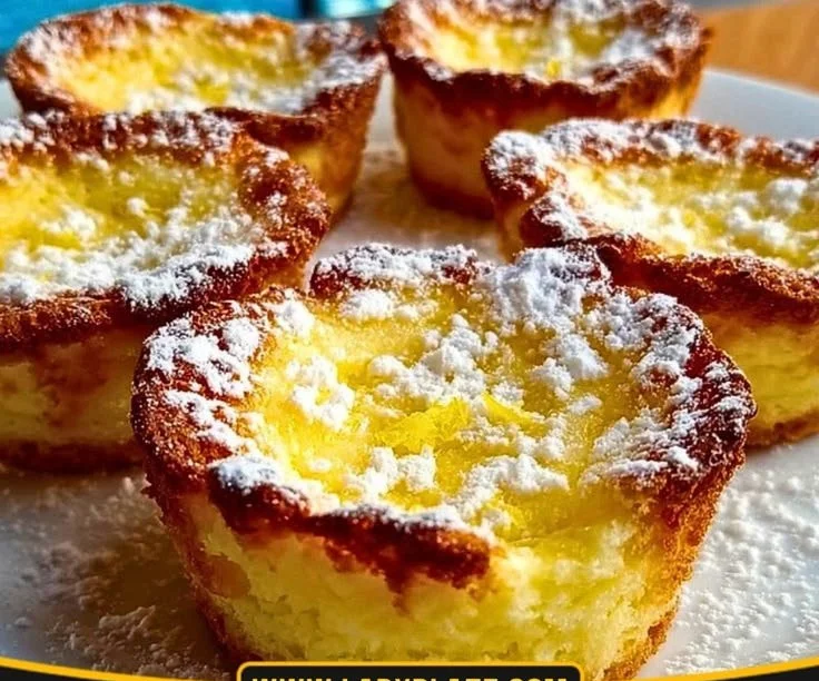 Mini Lemon Impossible Pies on a plate garnished with lemon slices