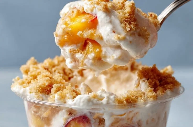 Mini peach cobbler cups served on a dessert table