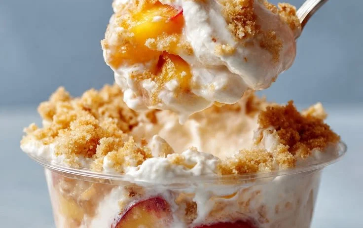 Mini Peach Cobbler Dessert Cups topped with whipped cream and fresh peaches