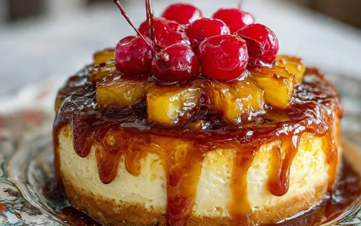 Mini pineapple upside-down cheesecakes topped with cherries and pineapple slices