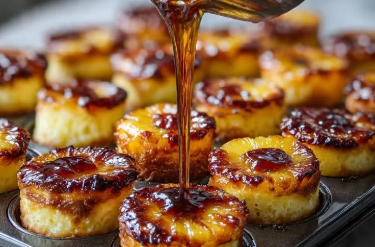 Mini pineapple upside-down cheesecakes dessert served on a plate.