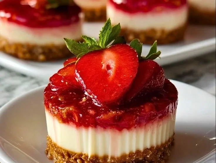 Mini strawberry cheesecake topped with pretzel salad on a plate