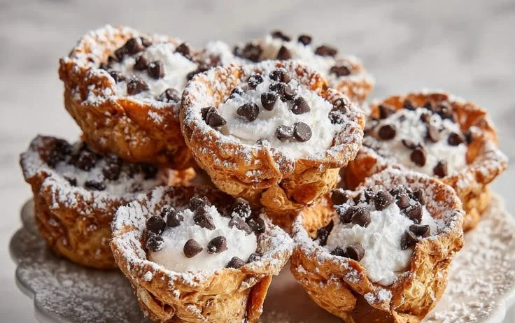 Miniature cannoli cups filled with creamy ricotta and topped with chocolate