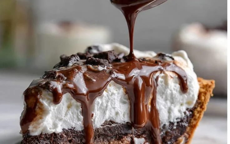 Delicious slice of Mississippi Mud Pie topped with whipped cream and chocolate