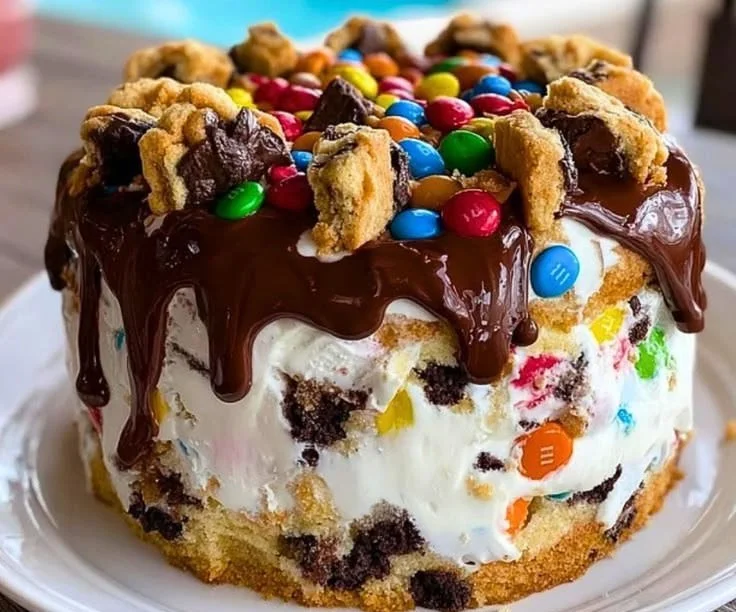 Delicious M&M chocolate chip cookie dough ice cream cake topped with colorful candies.