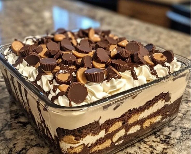 No-bake chocolate peanut butter mousse pie with a rich, creamy topping